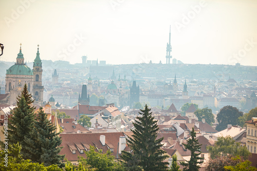 Aerial view of Prague city with red roofs and cathedral in the early morning, Prague, Czech Republic