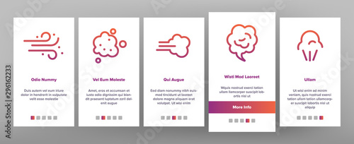 Smell Cloud Onboarding Mobile App Page Screen Vector Thin Line. Smell Of Cooking Food Vapour Smoke, Gas Steam And Human Smelling Concept Linear Pictograms. Contour Illustrations