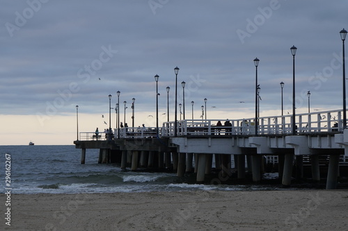 Gdansk  Poland - September 2019  People walk on the pier on the shore of the Baltic Sea. View of the sea pier.