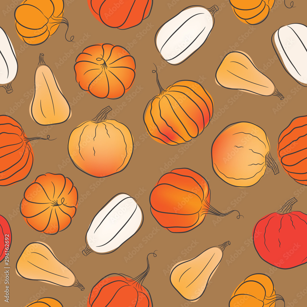 Seamless vector pattern of colored pumpkins. Halloween and autumn background.
