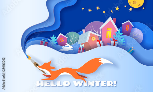 Horizontal banner Hello winter with Fox running
