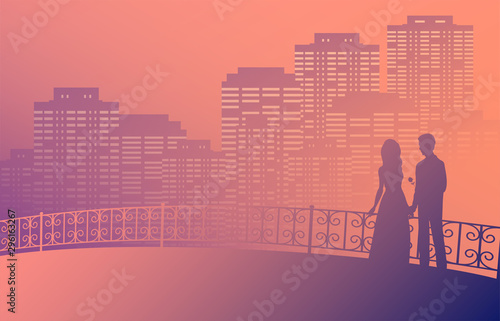 Silhouette of a couple in love on a bridge with patterned railing. A man gives a woman a rose. In the background the night city in the fog. Vector romantic illustration.