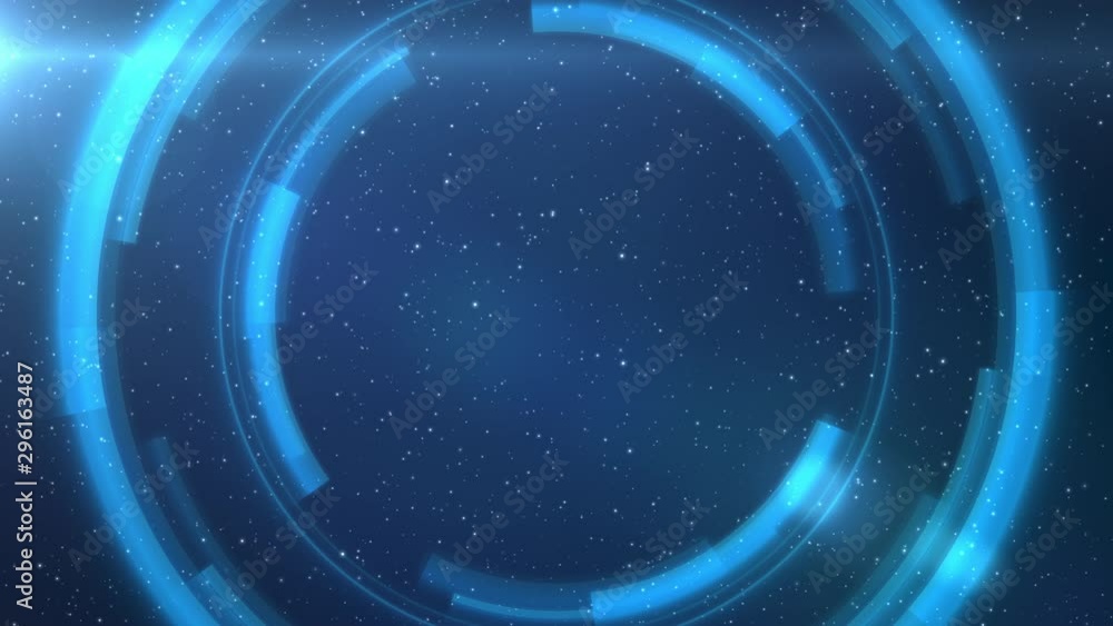 Blue rotating HUD circles in space. Stars in the background move towards camera. Seamlessly loopable animation.