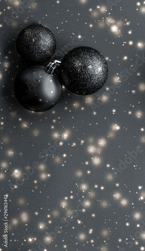 Canvas Print Black Christmas baubles with snow glitter shine, luxury brand winter holiday car