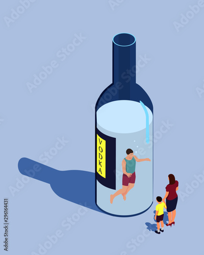 A man cannot stop drinking. The man is swimming in a bottle of vodka and his family is looking at him.