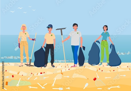 Young people collect plastic trash. Uncultured people throw bottles, spoons, forks, plates. The struggle for purity of nature and ecology is the business of young and energetic girls and guys.