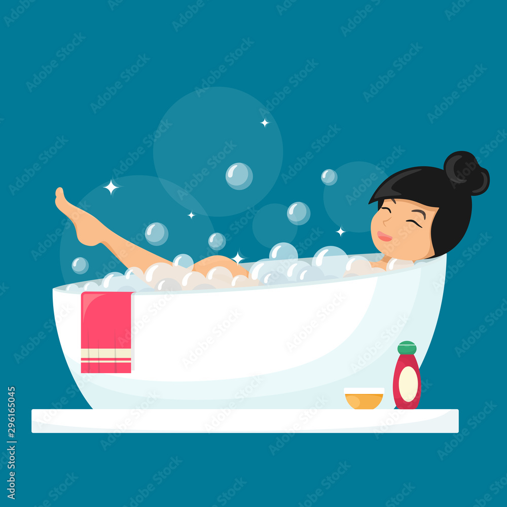 Woman Taking A Bath Relaxing Girl In Bathroom Vector Illustration In Cartoon Flat Style Stock