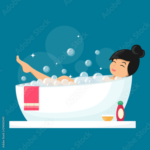 Woman taking a bath. Relaxing girl in bathroom. Vector illustration in cartoon flat style.