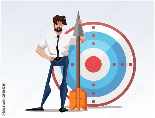 Businessman hitting the target - modern flat design style colorful illustration on white background. An image of a young ambitious man shooting the arrow. Goal achievement concept