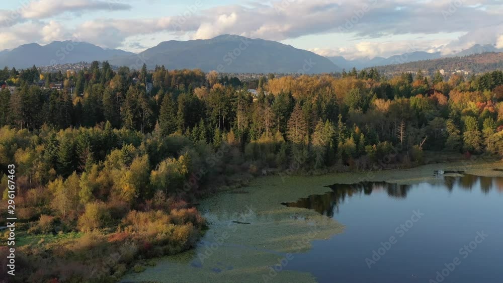 Aerial View at Mountain Lake with Blue Sky in British Columbia, Canada. 4K. Aerial View at Mountain Lake with Blue Sky in British Columbia, Canada. 4K.