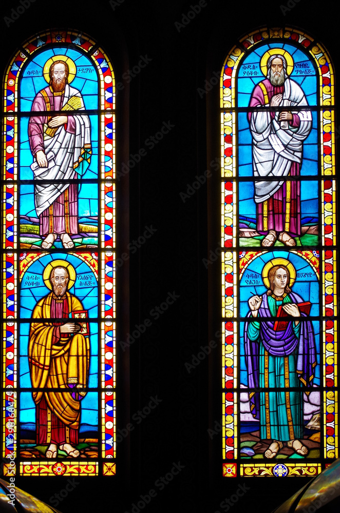 Stained glass window. Holy Trinity Cathedral, known in Amharic as Kidist Selassie, is the highest ranking Ethiopian Orthodox Tewahedo cathedral. Ethiopia, Addis Ababa