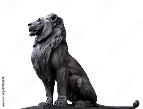 metal detailed isolated on white lion sculpture in front of the parliament of Budapest