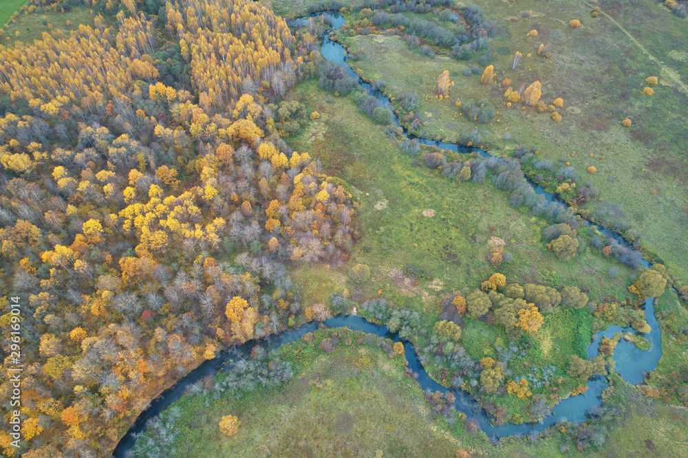 Aerial view with a drone. Winding river with autumn forest, top view