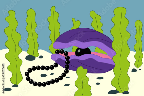 Marine cockleshell with a pearl and necklace on a sea-bottom.