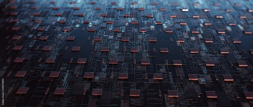 Fototapeta premium Printed circuit board futuristic server/Circuit board futuristic server code processing. Orange, green, blue technology background with bokeh