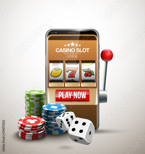 big win illustration Online Jackpot casino Slot machine banner in mobile phone. Chips, playing card, dice. Marketing Luxury Banner Jackpot Online Casino game Slot-machine in Smartphone play now poster