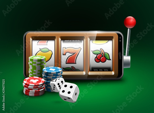 big win illustration Online Jackpot casino Slot machine banner in mobile phone. Chips, playing card, dice. Marketing Luxury Banner Jackpot Online Casino game Slot-machine in Smartphone play now poster