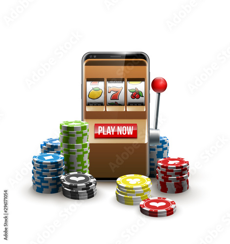 big win illustration Online Jackpot casino Slot machine banner in mobile phone. Chips, playing card, dice. Marketing Luxury Banner Jackpot Online Casino game Slot-machine in Smartphone play now poster