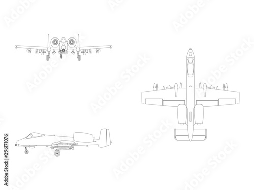 Vector line illustration of a combat fighter airplane isolated on white