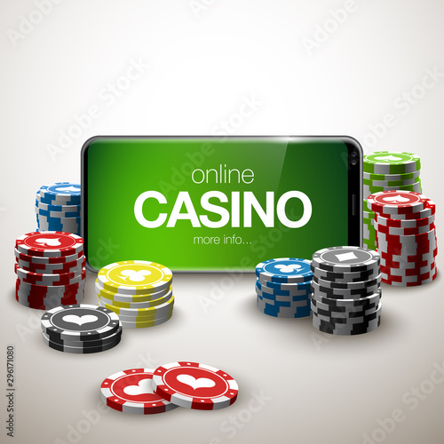 illustration Online Poker casino banner with a mobile phone, chips, playing cards and dice. Marketing Luxury Banner Jackpot Online Casino with New model Smartphone. Empty advertising poster.
