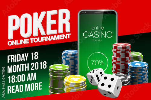 illustration Online Poker casino banner with a mobile phone, chips and dice. Marketing Luxury Banner Jackpot Online Casino with New model Smartphone. advertising poster flat paper cloud for text