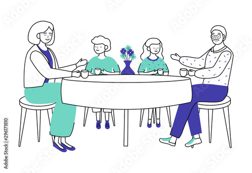 Retired people flat vector illustration. Children came to visit elderly relatives. Family pastime. Grandparents drink tea with kids isolated cartoon characters, outline elements on white background