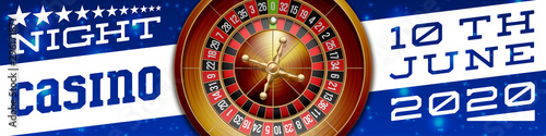 illustration Online Poker night casino banner with realistic american roulette on blue space. Marketing Luxury blue Banner Jackpot Online night Casino with 3d classic roulette. Advertising poster set.