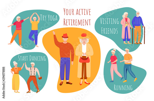 Your active retirement vector infographic template. Try yoga. Poster, booklet page concept design with flat illustrations. Start dancing. Advertising flyer, leaflet, banner layout idea
