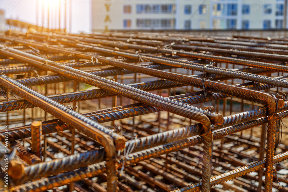 Industrial background. Rebar texture. Rusty rebar for concrete pouring
