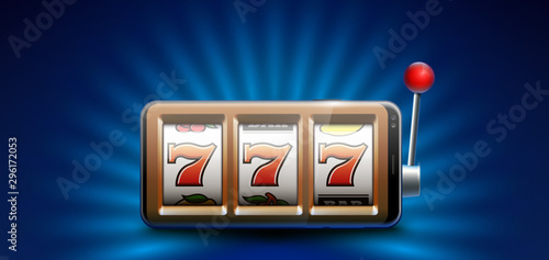 Illustration banner of mobile online casino application with 777 big win slot machine. Realistic advertising poster with online mobile app casino and Jackpot 777. Play now in One Armed Bandit banner