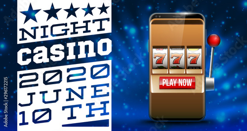Illustration banner of mobile online casino application with 777 big win slot machine. Realistic advertising poster with online mobile app casino and Jackpot 777. Play now in One Armed Bandit banner