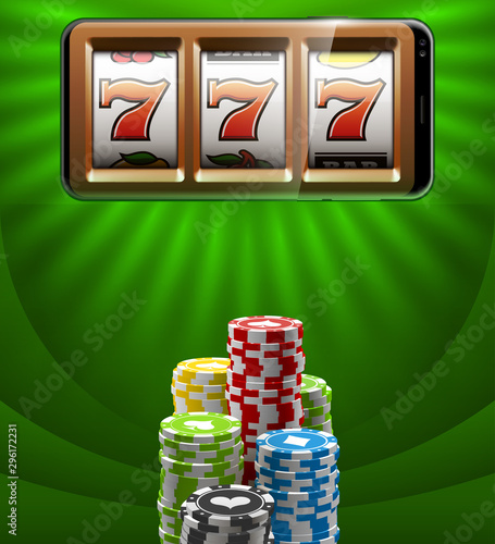 Illustration banner of mobile online casino application with 777 big win slot machine. Realistic advertising poster with online mobile app casino and Jackpot 777. Play now in One Armed Bandit banner