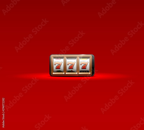 Illustration banner of mobile online casino application with 777 big win slot machine. Realistic advertising poster with online mobile app casino and Jackpot 777. Play now in One Armed Bandit banner