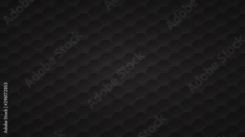 Abstract dark background of black hexagon tiles with gray gaps between them