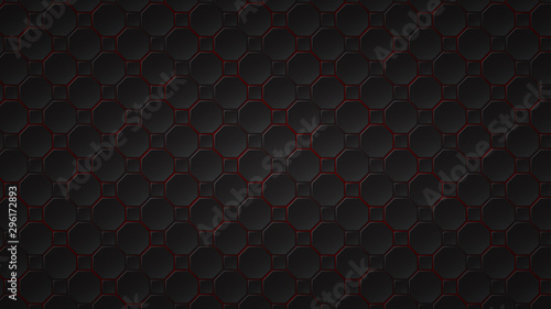 Abstract dark background of black octagon and square tiles with red gaps between them © Aleksei Solovev