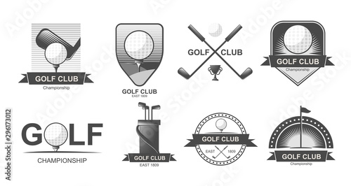 Set of  golf emblems, labels, badges or logos. Lacrosse, hockey sticks. Pool.