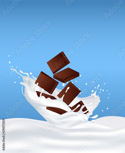 Chocolate in milk and splashes fly around. Illustration to demonstrate the taste. Suitable as a flavoring characteristic of the product (sports nutrition, cocktail, sweets) 3D realistic. Chocolate bar