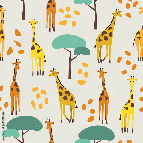 Seamless pattern with cute giraffes and trees for kids.
