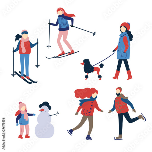 Set of winter activity. People involved in winter sport. Vector illustration of skater, skier, playing kid