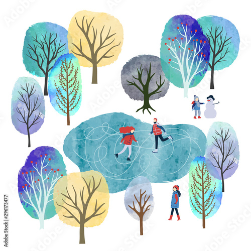 Winter landscape with people vector watercolor illustration. Outdoor games and activities. Christmas card design.