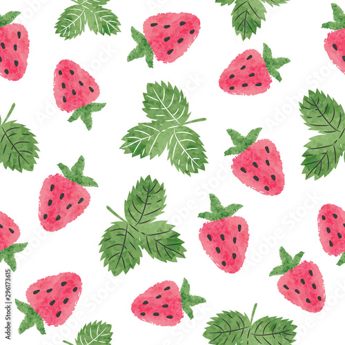 Seamless watercolor strawberry pattern. Vector illustration with berries and leaves.