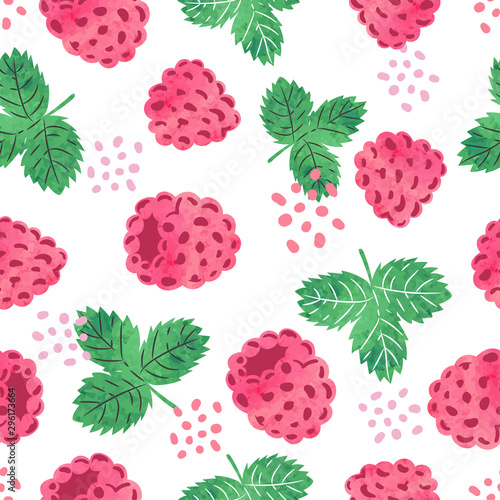 Seamless watercolor raspberry pattern. Vector illustration with berries and leaves.