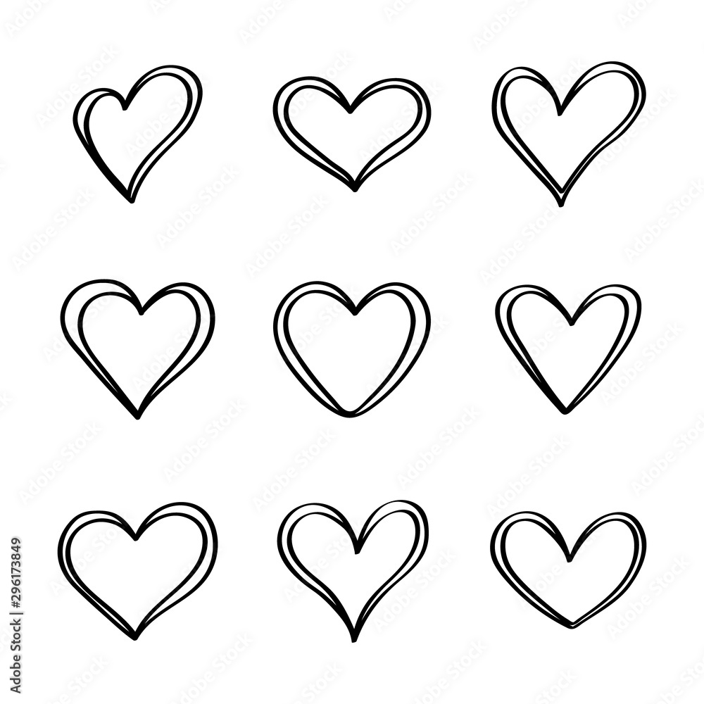 Tangled grunge round hand drawn heart icons set isolated on white background. For poster, wallpaper and Valentine's day. Collection of hearts, creative art