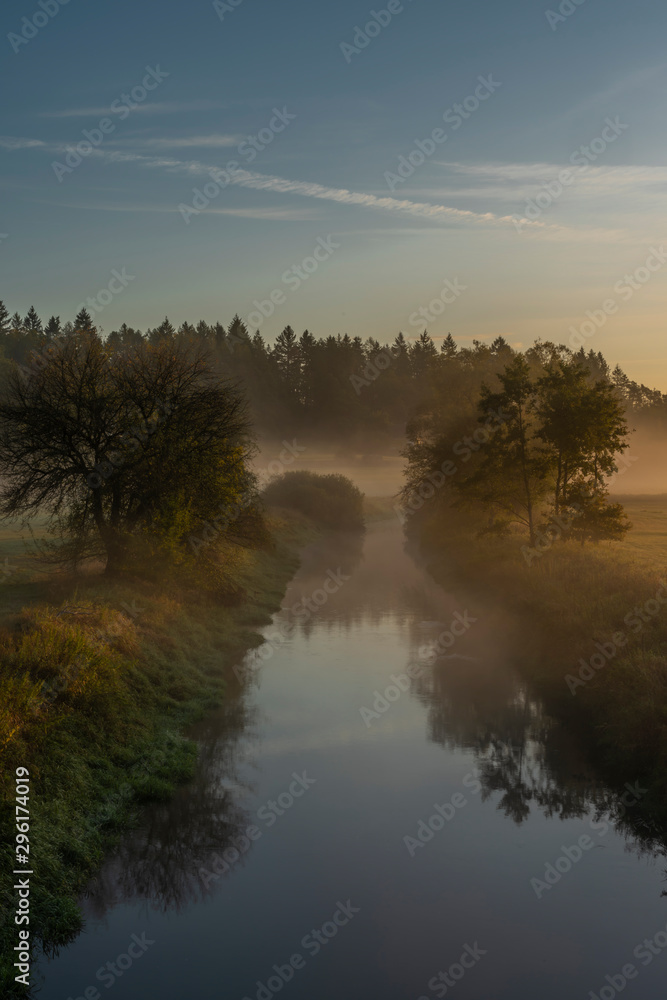 Sunrise over river Blanice in south Bohemia in autumn nice morning