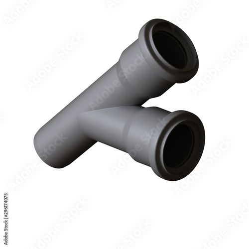 Plastic sewer pipe grey on white background, isolated. 3D rendering of excellent quality in high resolution. It can be enlarged and used as a background or texture.