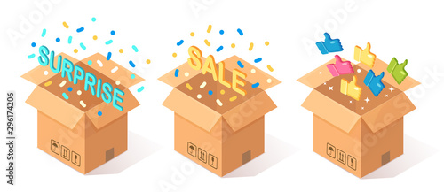 Set of opened cardboard, carton box with thumbs up isolated on blue background. 3d isometric package, gift, surprise with confetti. Testimonials, feedback, customer review, sale concept. Vector design