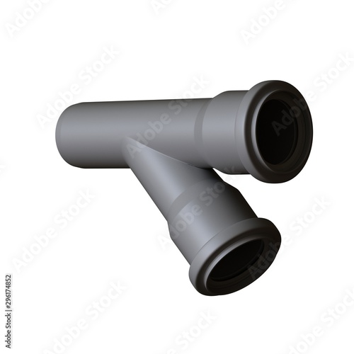 Plastic sewer pipe grey on white background, isolated. 3D rendering of excellent quality in high resolution. It can be enlarged and used as a background or texture.