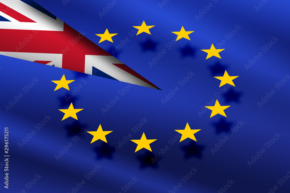 The European Union flag on the background of the flag of Great Britain symbolizing Brexit