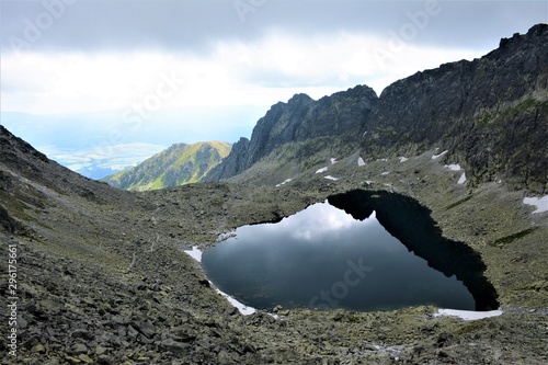 Lake in the mountains, Upper Wallenberg Lake, Tatra Mountains. Cloudy sky. Top view. photo