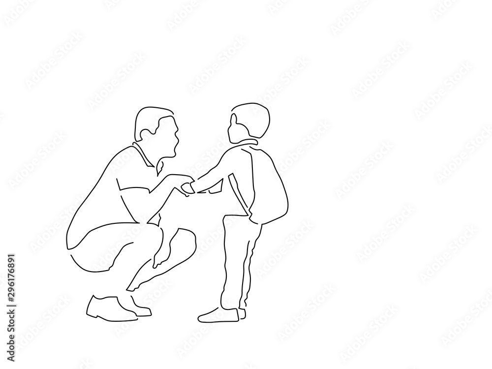 School boy with his father isolated line drawing, vector illustration design. Education collection.